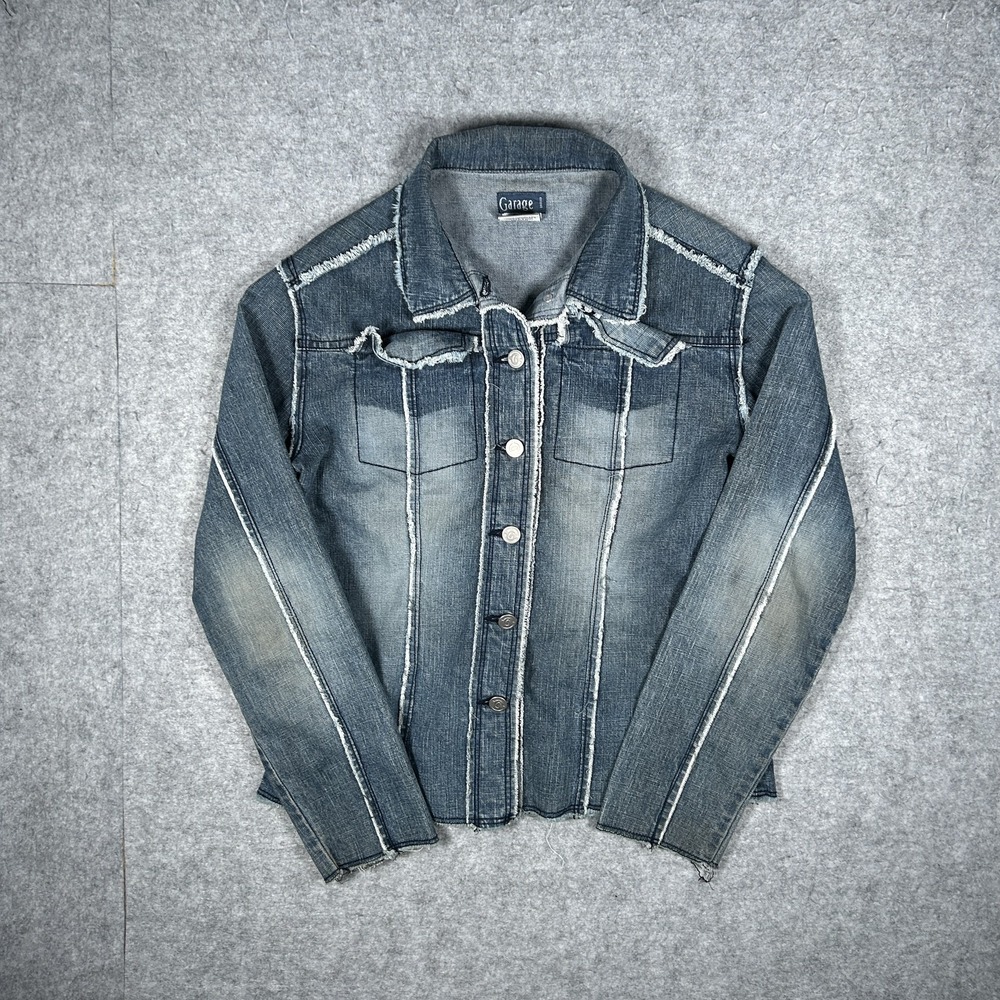 Vintage Garage Jacket Womens Medium Blue Y2K Denim Raw Edge Frayed Cropped